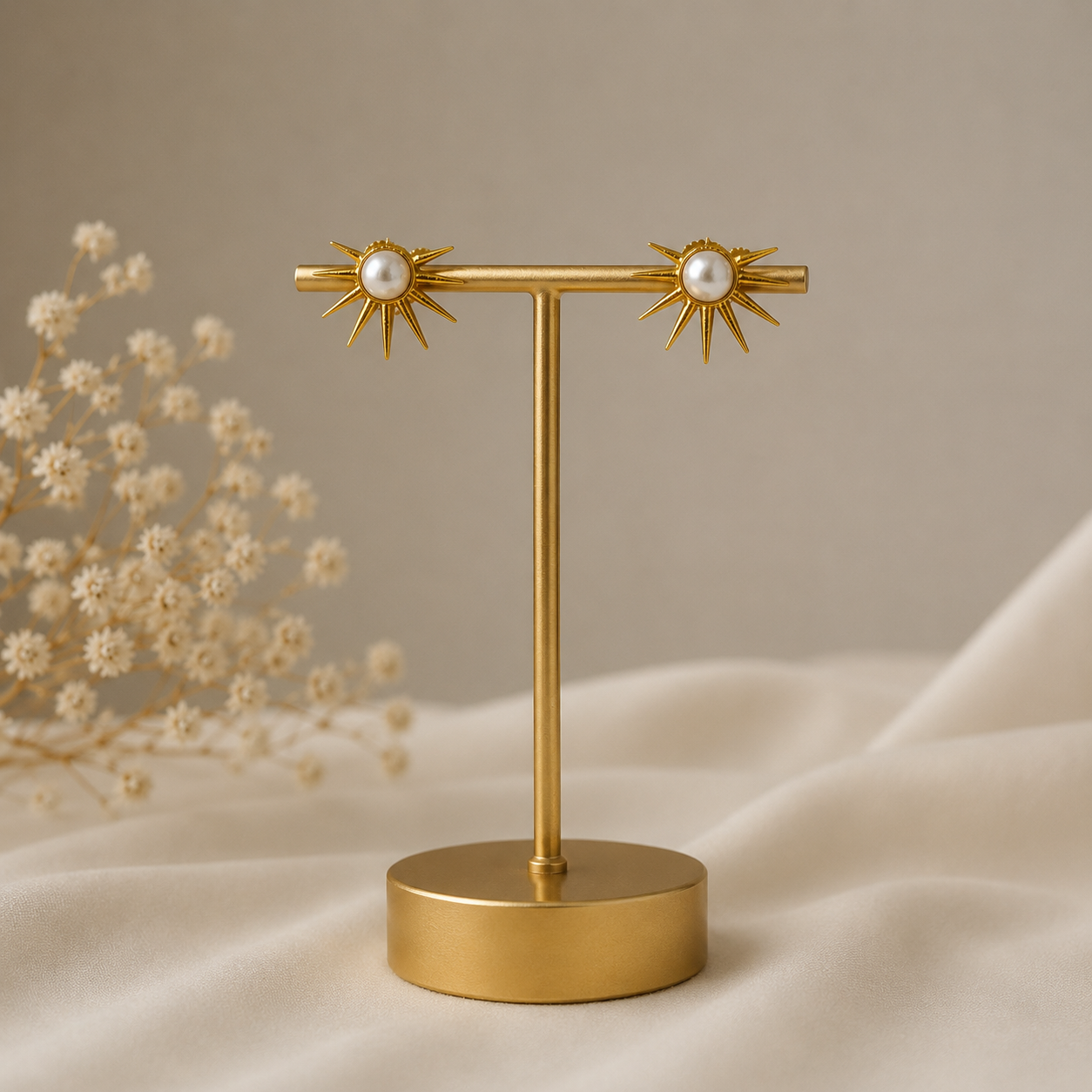 Radiant Pearl Sunburst Studs – Gold Plated Celestial Pearl Statement Earrings