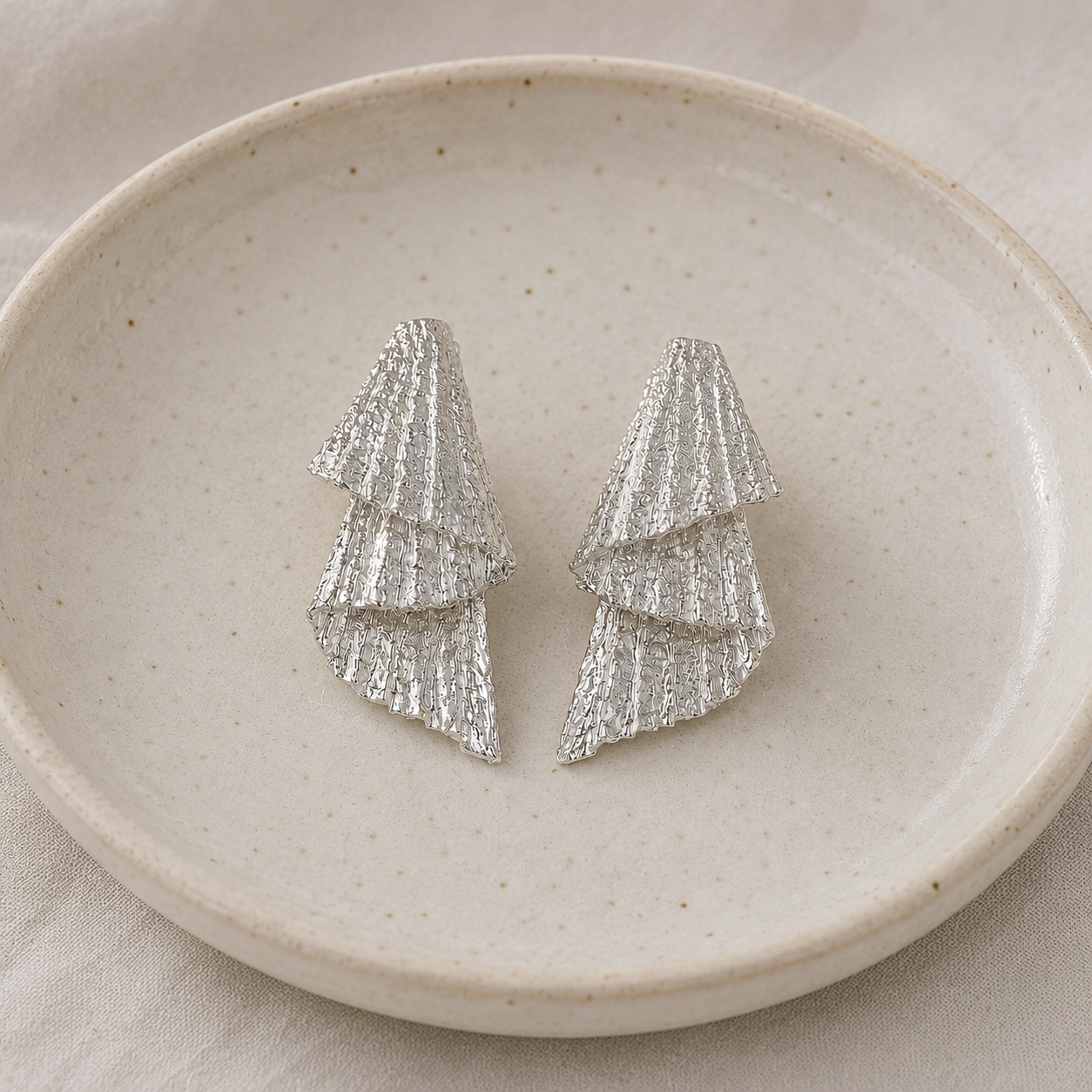 Abstract Wavy Drops – Silver Plated Textured Multi-Tiered Cascading Statement Studs
