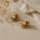 Radiant Pearl Sunburst Studs – Gold Plated Celestial Pearl Statement Earrings