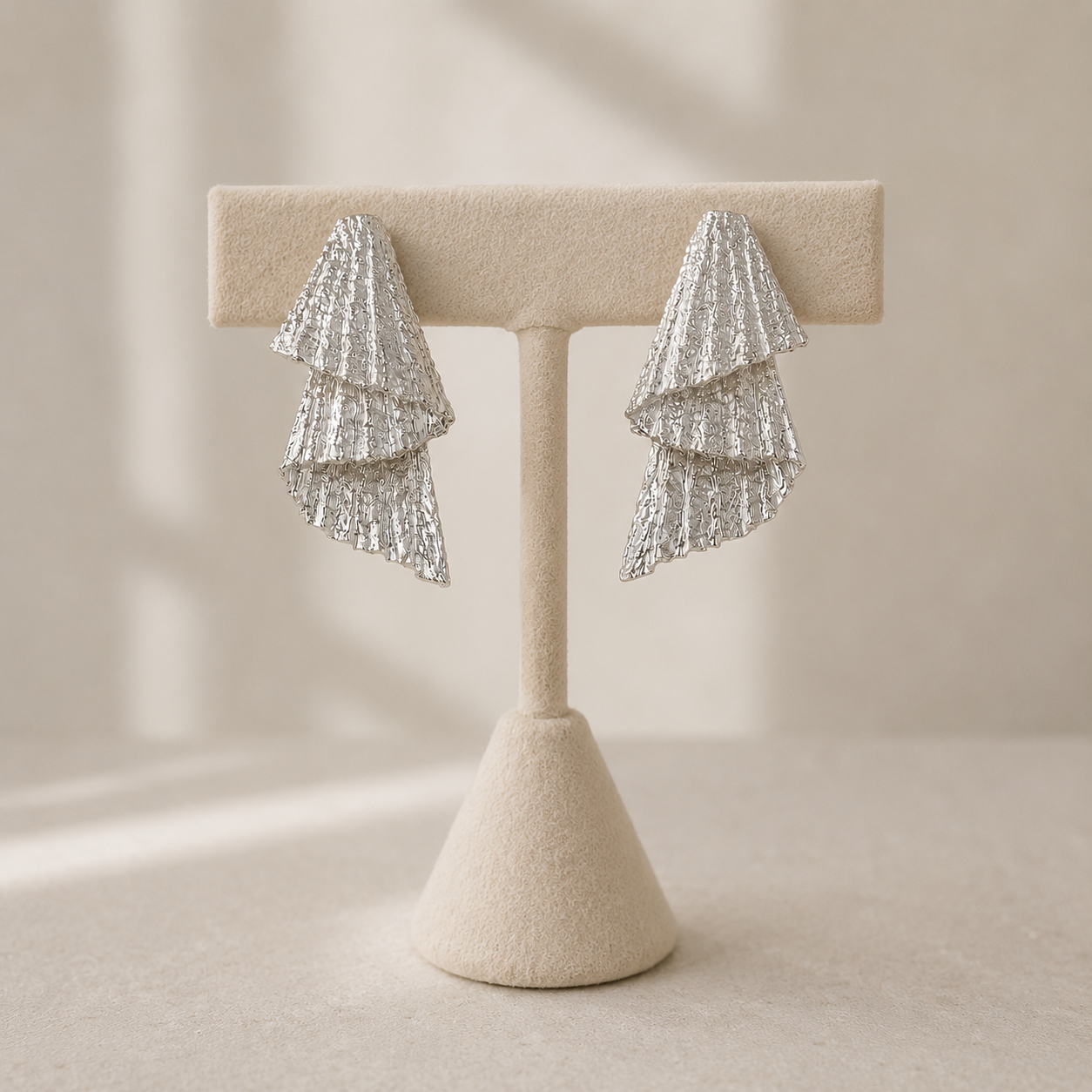 Abstract Wavy Drops – Silver Plated Textured Multi-Tiered Cascading Statement Studs