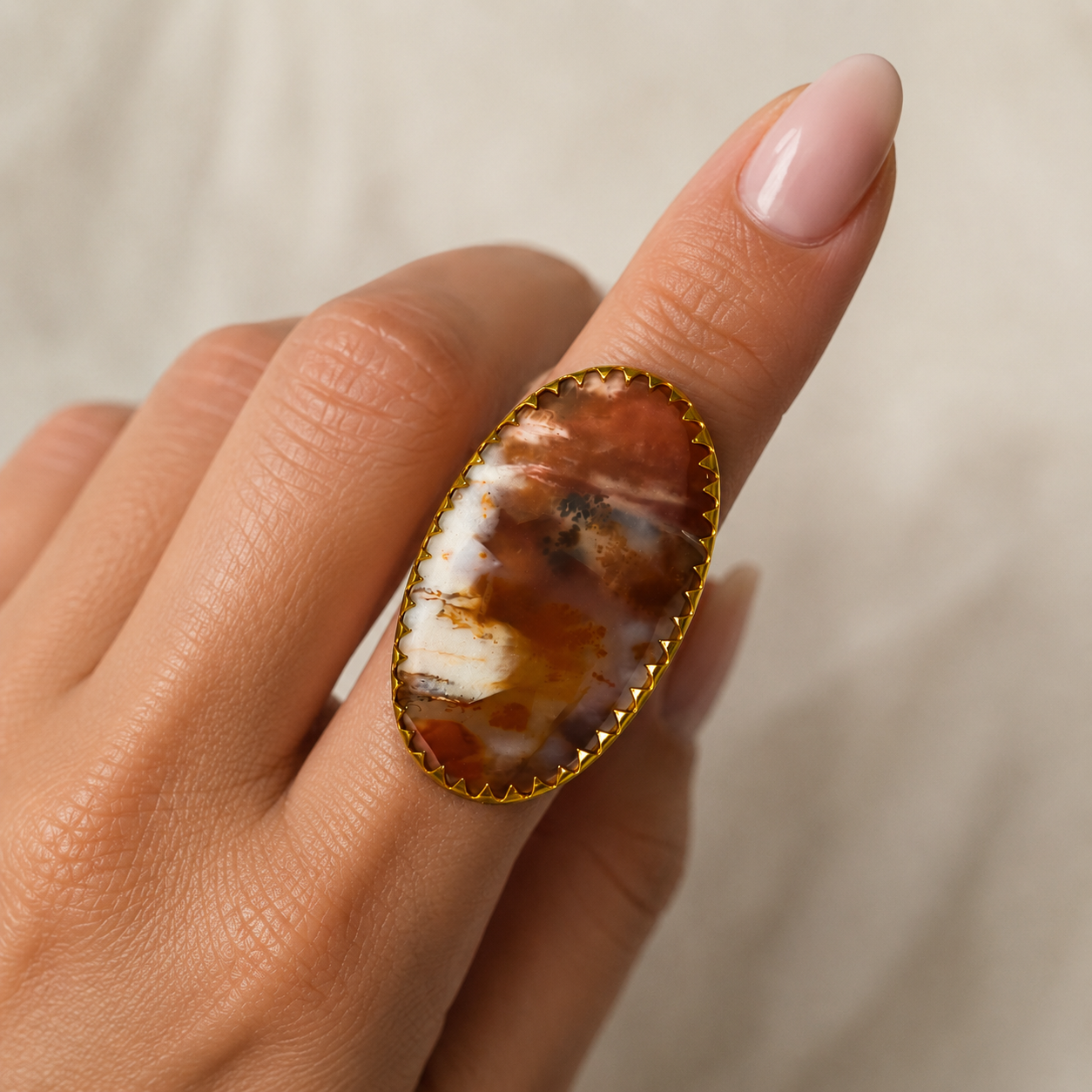 Dendritic Desert Oval Cocktail Ring – Gold Plated Scenic Agate Statement Ring