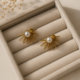 Radiant Pearl Sunburst Studs – Gold Plated Celestial Pearl Statement Earrings