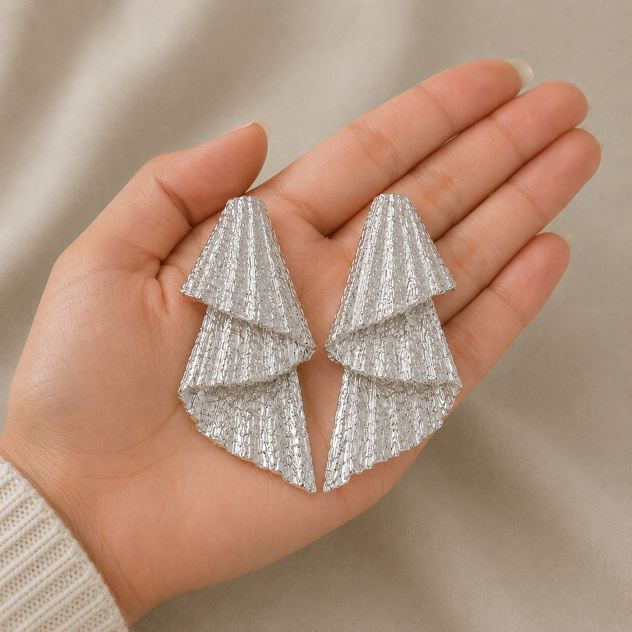 Abstract Wavy Drops – Silver Plated Textured Multi-Tiered Cascading Statement Studs