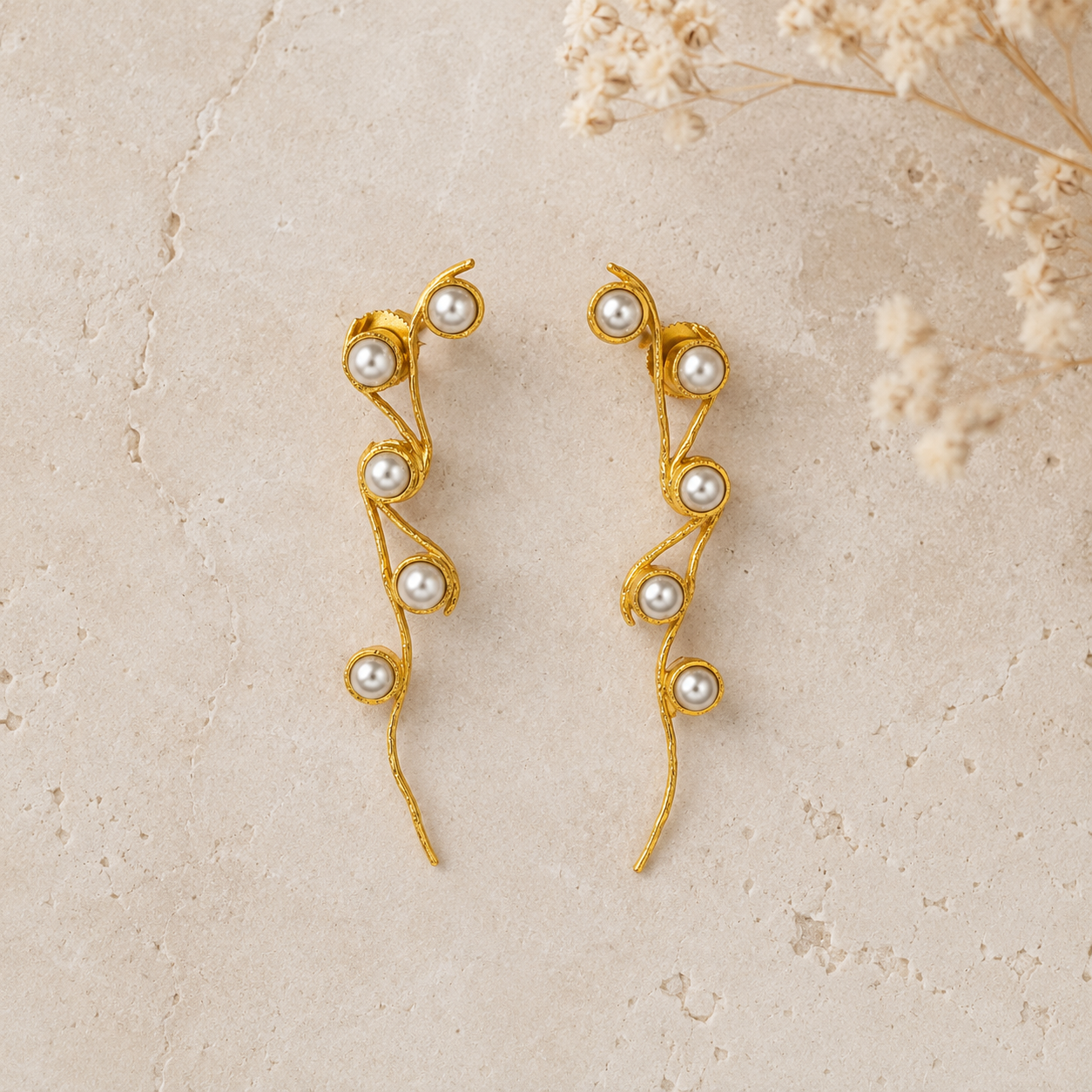 Serenade Luminous Pearl Drops –  Gold Plated Botanical Statement Earrings