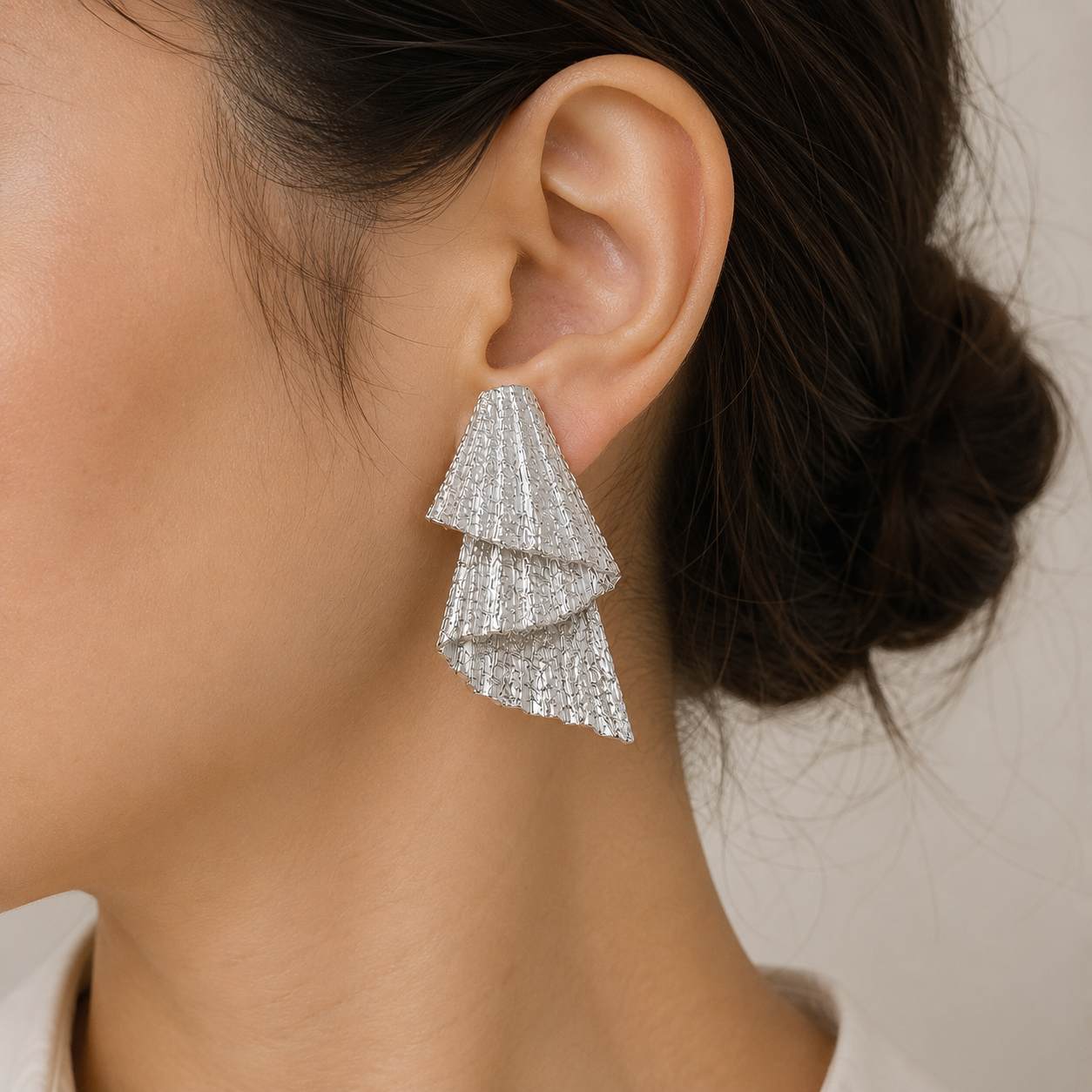 Abstract Wavy Drops – Silver Plated Textured Multi-Tiered Cascading Statement Studs