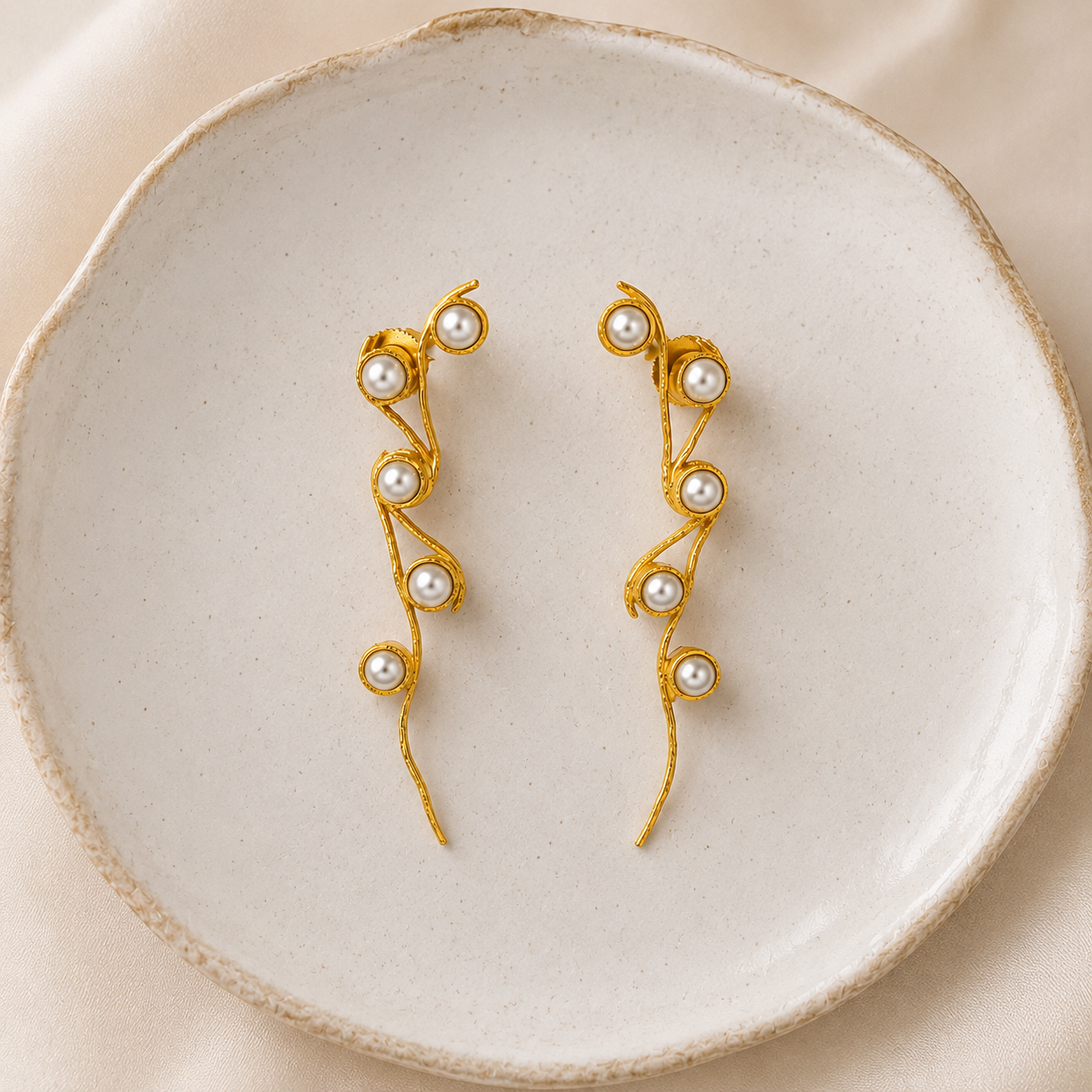 Serenade Luminous Pearl Drops –  Gold Plated Botanical Statement Earrings