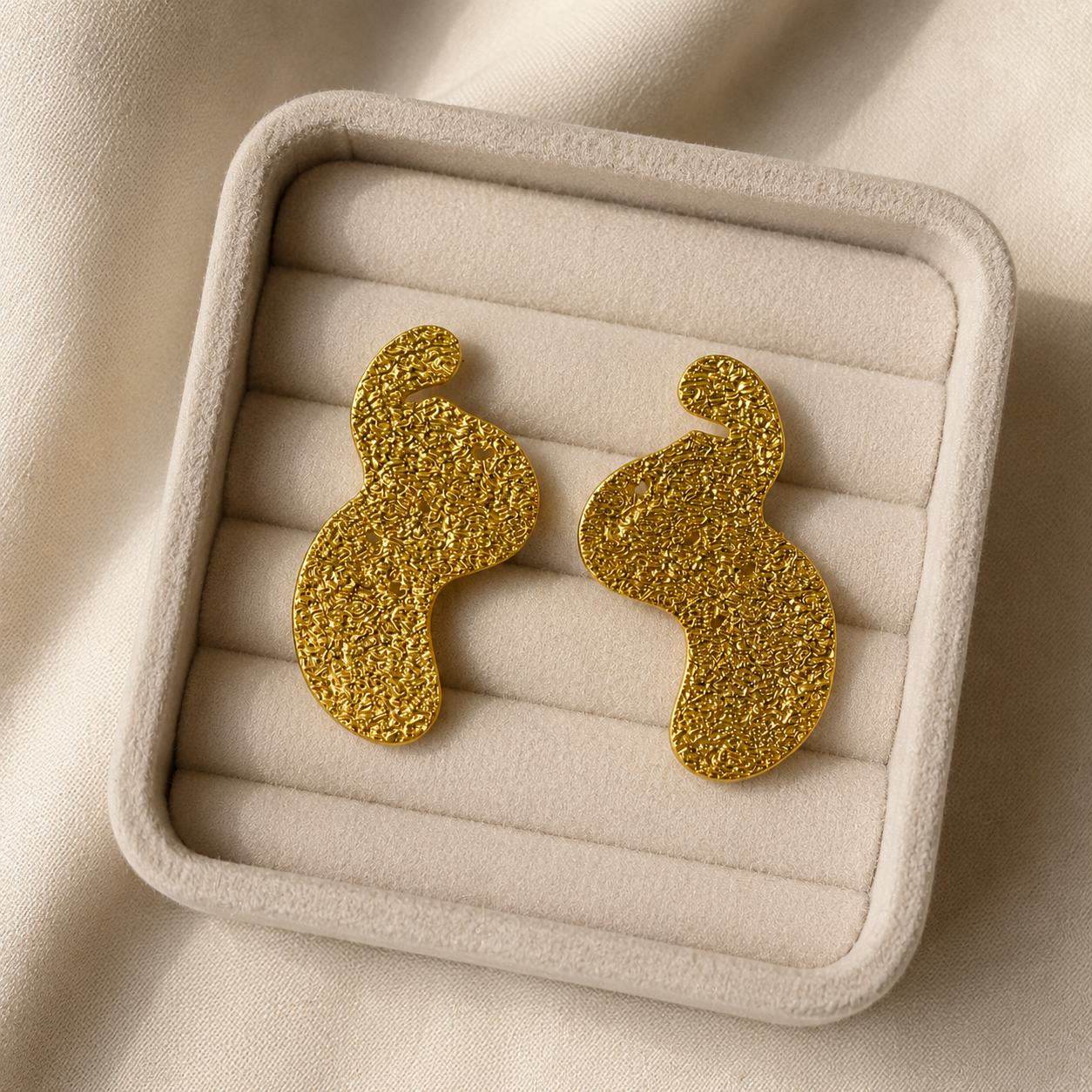 Gilded Sand Dune Statement Earrings – Textured Gold Plated Abstract Shield Studs