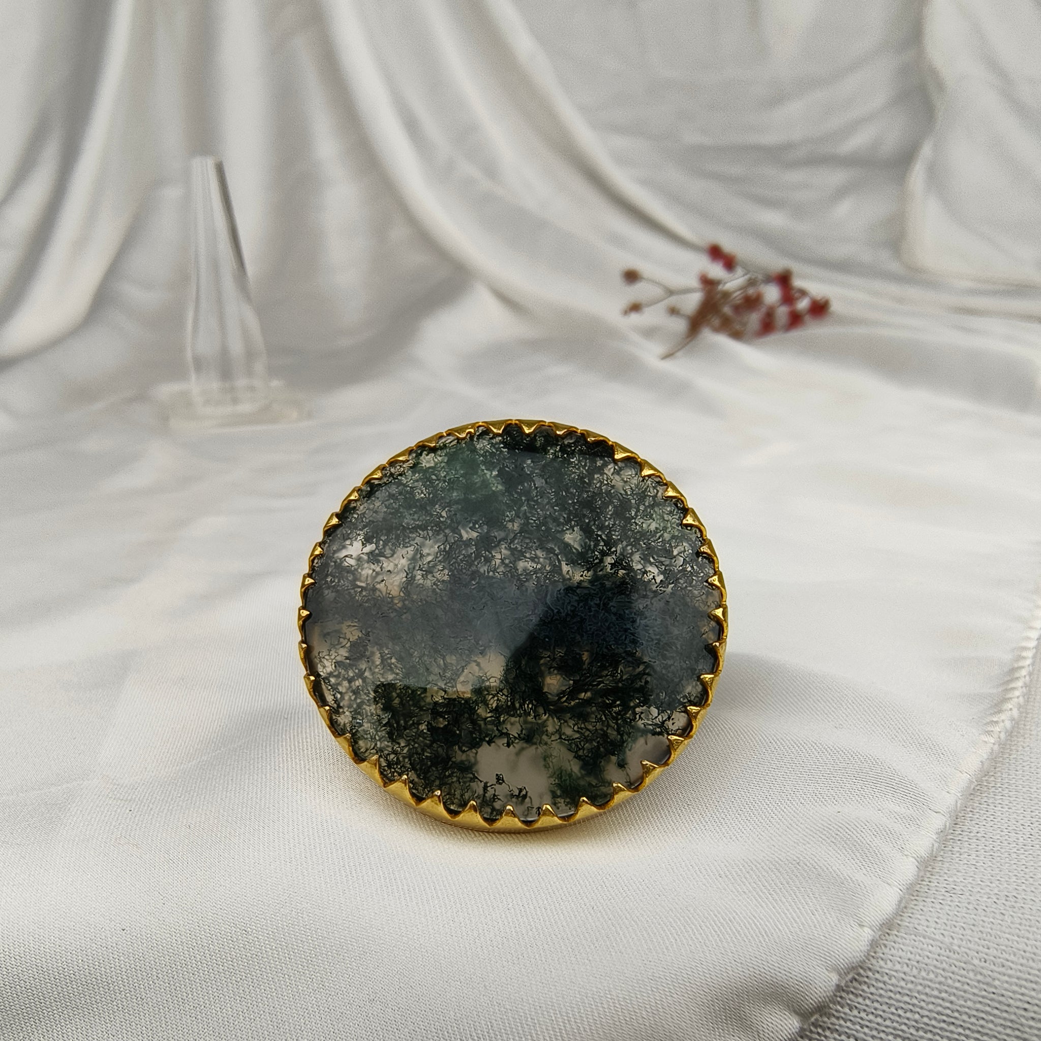 Large Green Moss Agate Ring – Gold Plated Circular Earth Statement Cocktail Ring