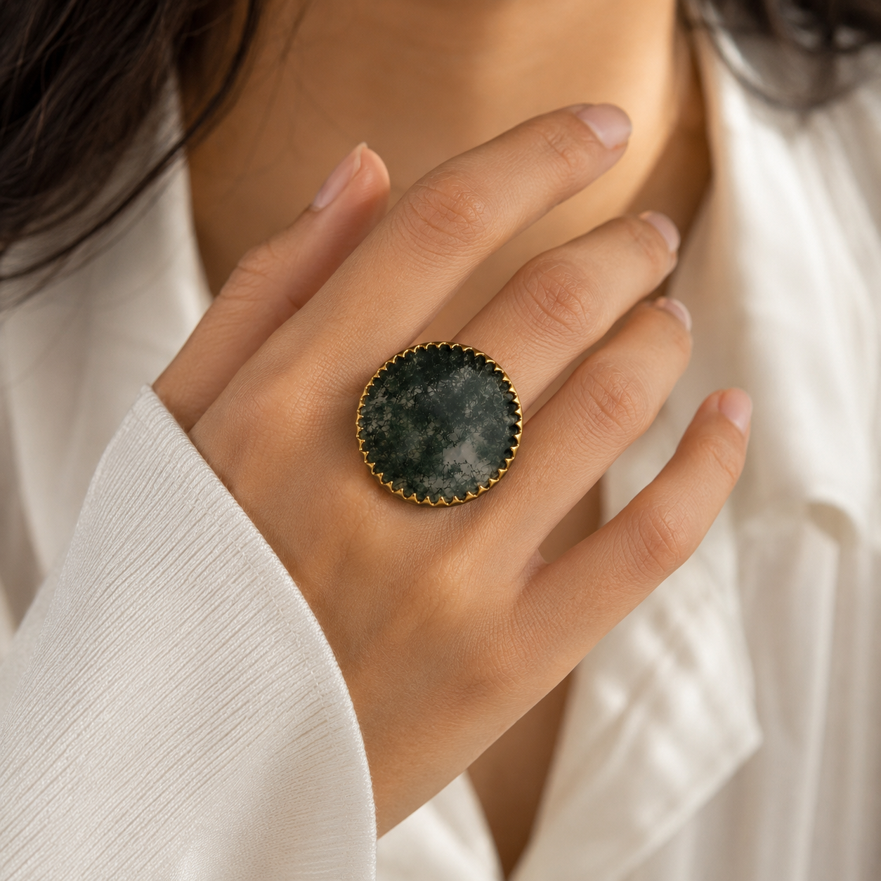 Large Green Moss Agate Ring – Gold Plated Circular Earth Statement Cocktail Ring
