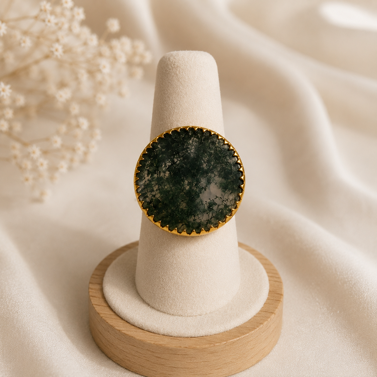 Large Green Moss Agate Ring – Gold Plated Circular Earth Statement Cocktail Ring
