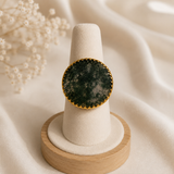 Large Green Moss Agate Ring – Gold Plated Circular Earth Statement Cocktail Ring
