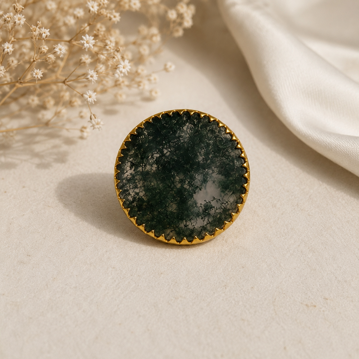 Large Green Moss Agate Ring – Gold Plated Circular Earth Statement Cocktail Ring