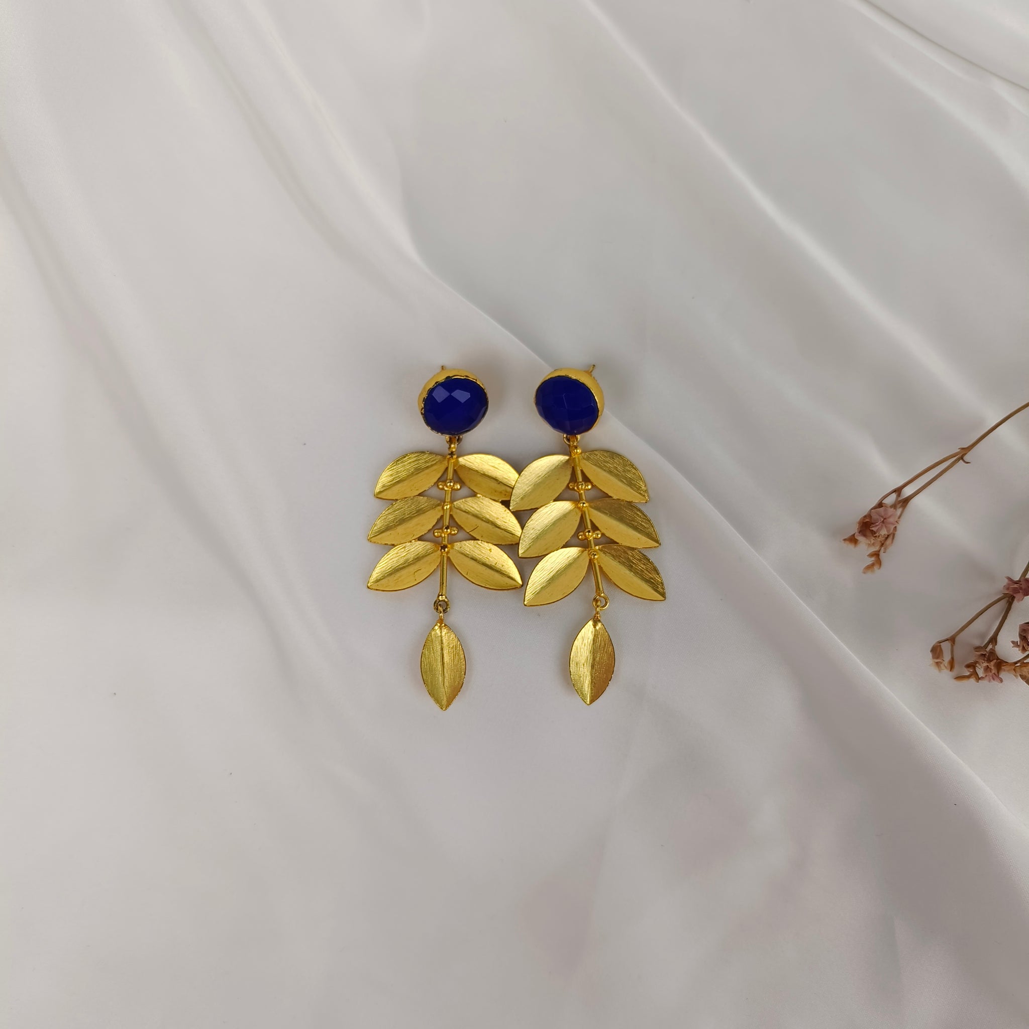 Athena Blue Leaf Cascades – Gold Plated Cobalt Lapis & Olive Branch Chandelier Earrings