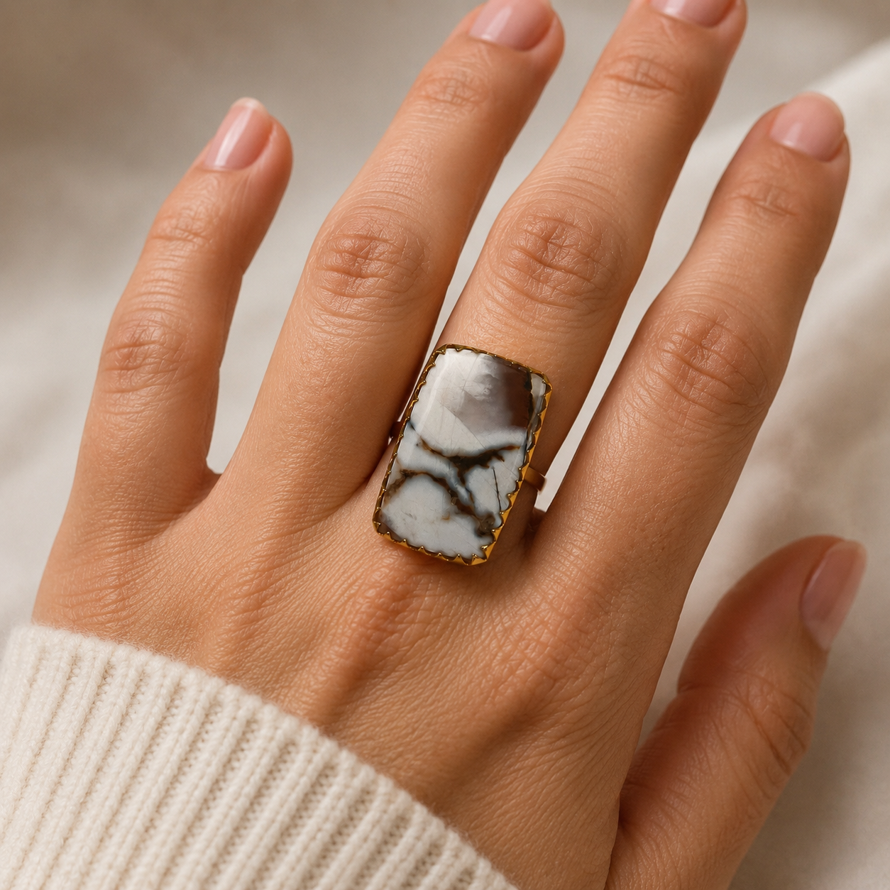 Dendritic Desert Oval Cocktail Ring – Gold Plated Scenic Agate Statement Ring