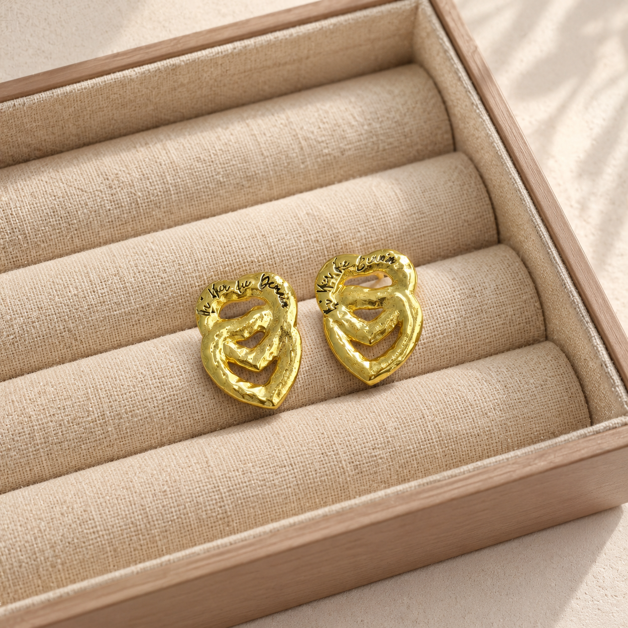 Gilded Bloom Open Hoops – Textured Molten Interlocking Heart Statement Studs