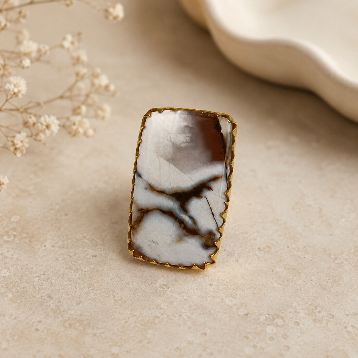 Dendritic Desert Oval Cocktail Ring – Gold Plated Scenic Agate Statement Ring