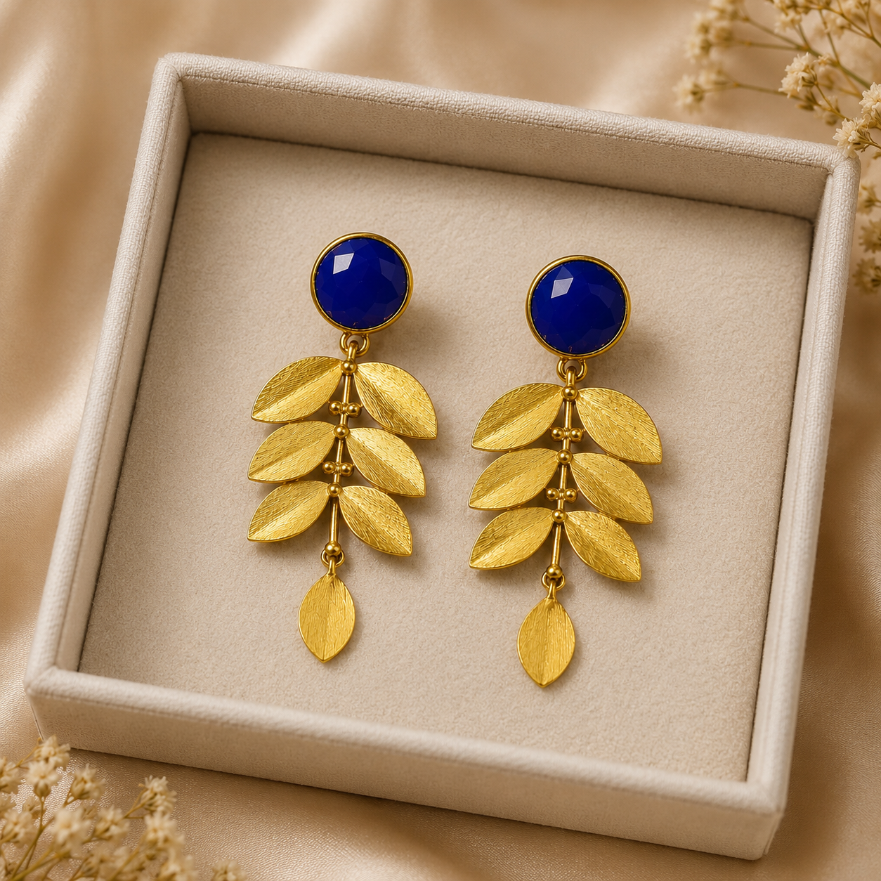 Athena Blue Leaf Cascades – Gold Plated Cobalt Lapis & Olive Branch Chandelier Earrings
