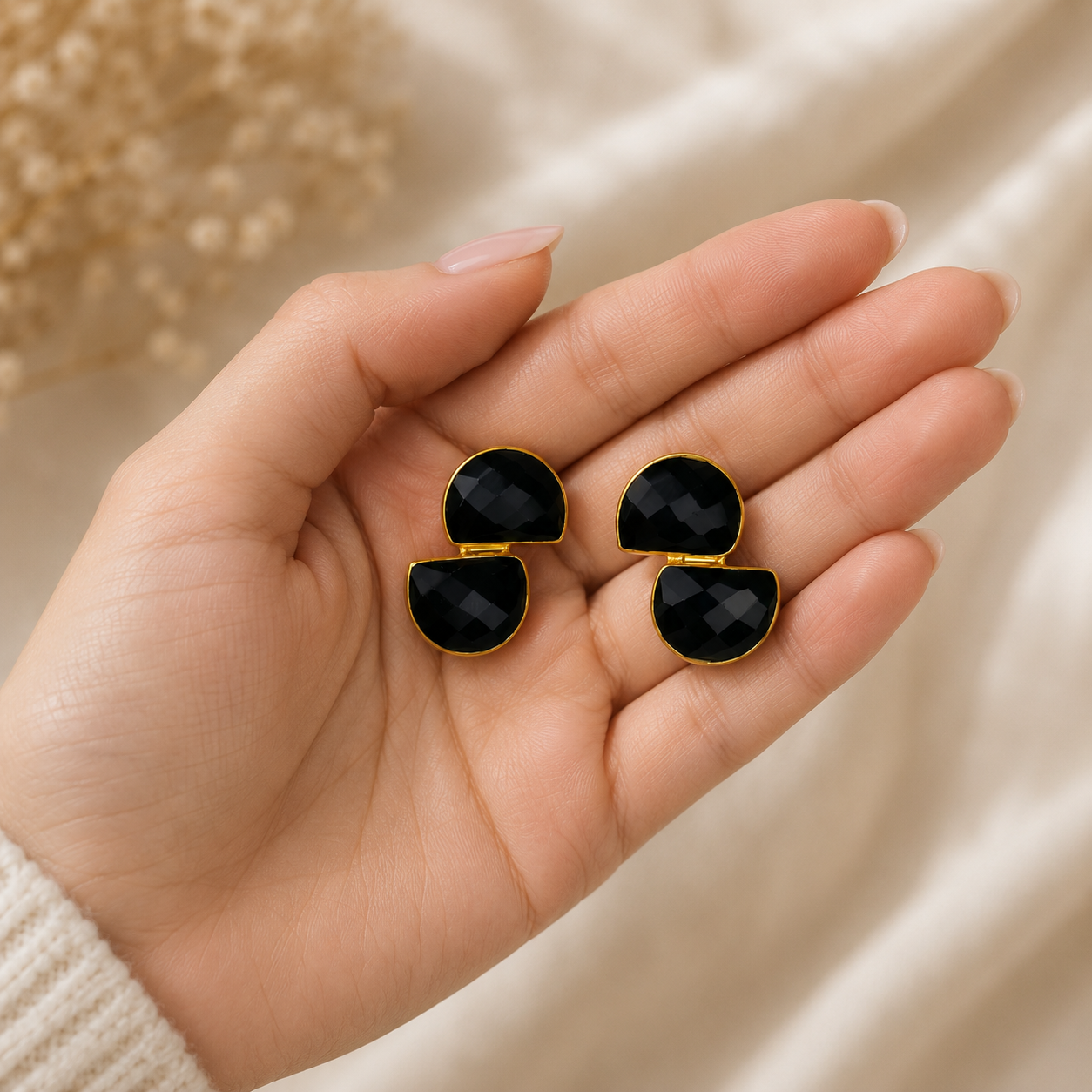 The Hourglass Black Spinel Earrings – Gold Plated Geometric Statement Studs