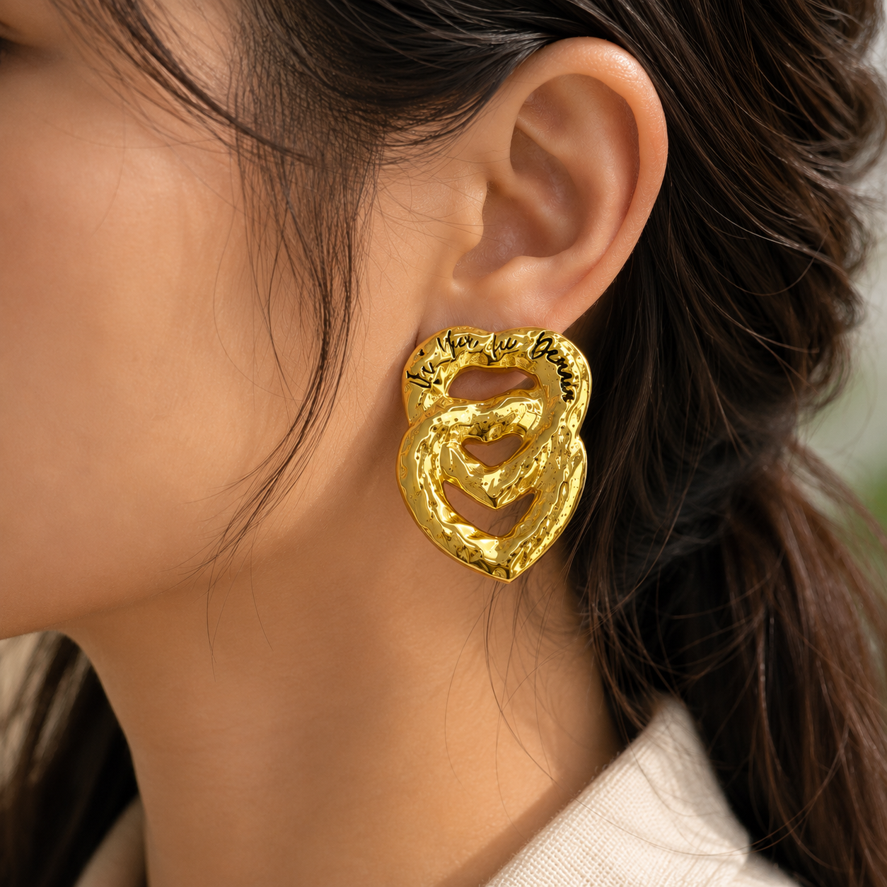 Gilded Bloom Open Hoops – Textured Molten Interlocking Heart Statement Studs