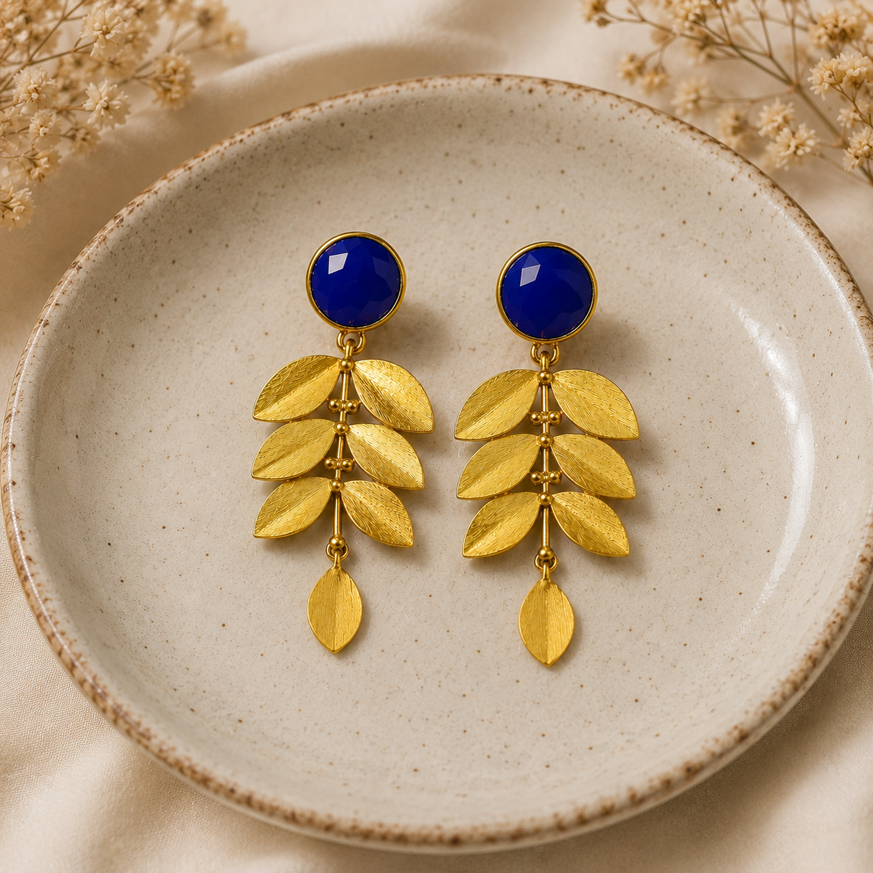 Athena Blue Leaf Cascades – Gold Plated Cobalt Lapis & Olive Branch Chandelier Earrings
