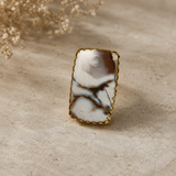 Dendritic Desert Oval Cocktail Ring – Gold Plated Scenic Agate Statement Ring