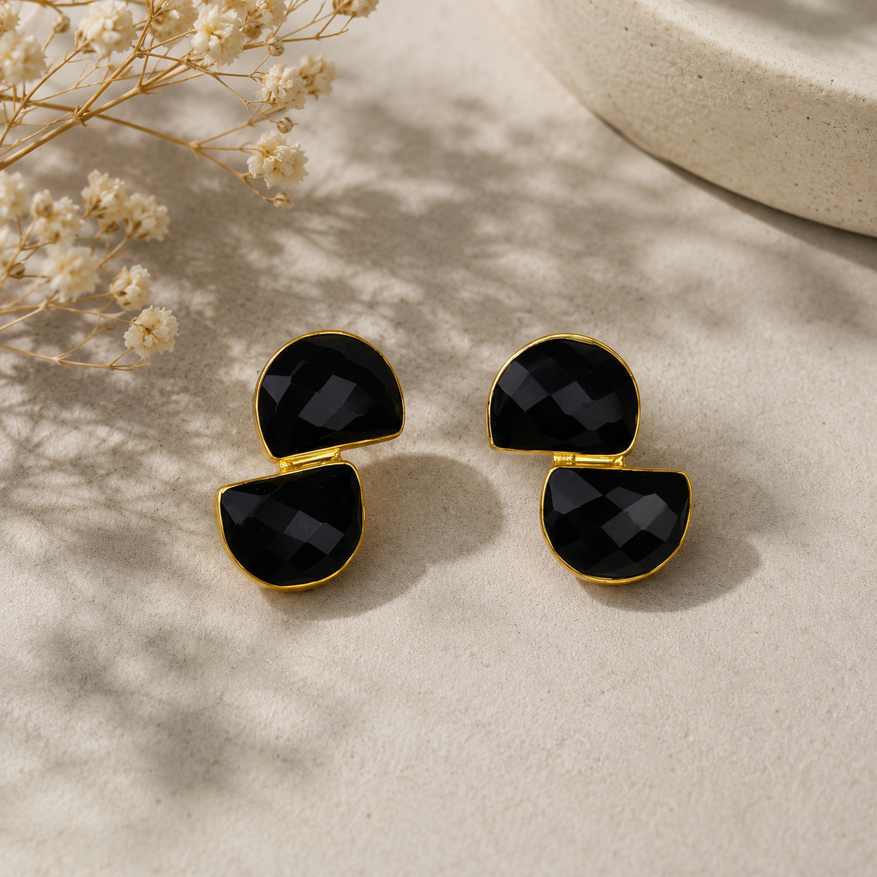 The Hourglass Black Spinel Earrings – Gold Plated Geometric Statement Studs