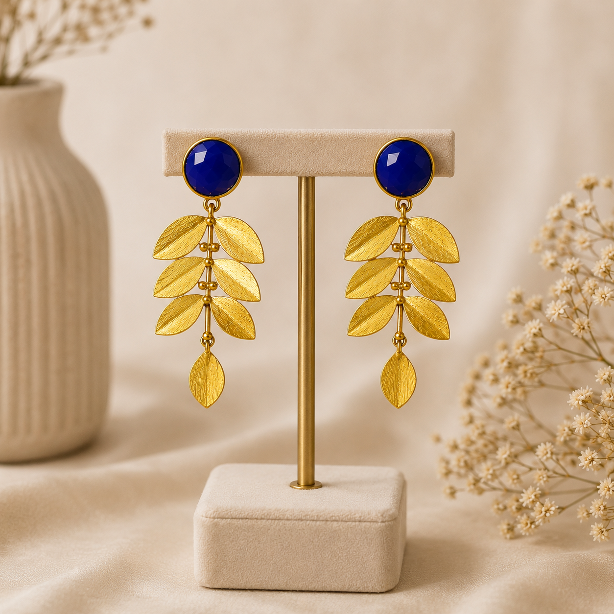 Athena Blue Leaf Cascades – Gold Plated Cobalt Lapis & Olive Branch Chandelier Earrings