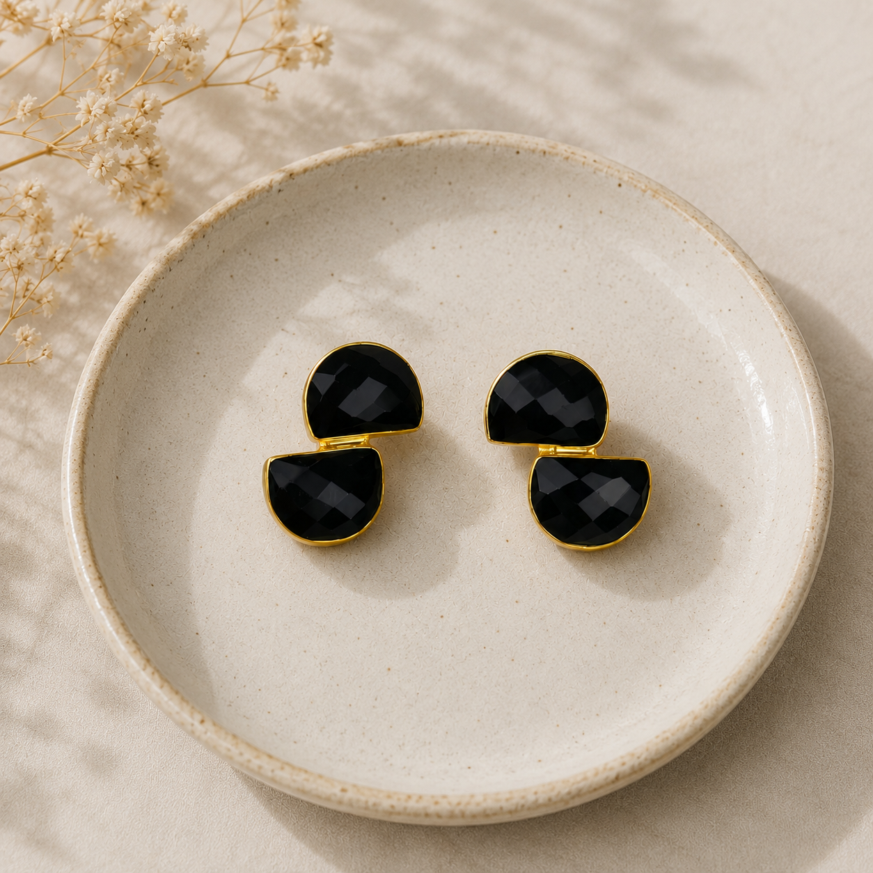 The Hourglass Black Spinel Earrings – Gold Plated Geometric Statement Studs