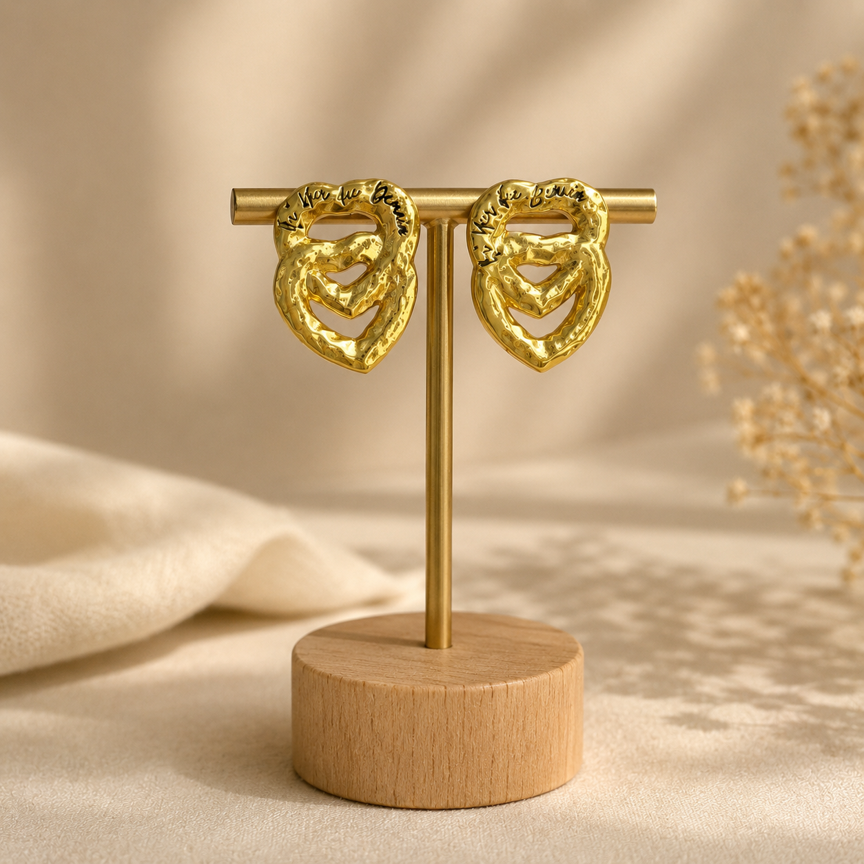 Gilded Bloom Open Hoops – Textured Molten Interlocking Heart Statement Studs