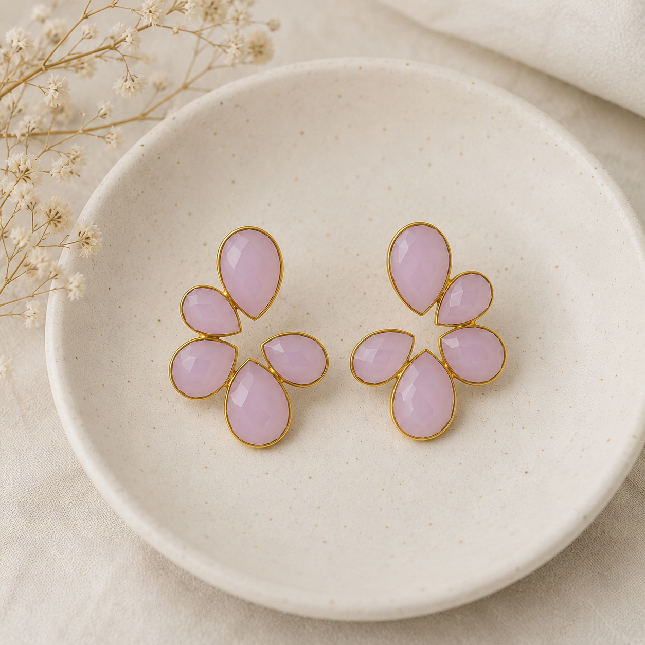 Rose Quartz Petal Arc Studs – Gold Plated Light Pink Calsi Stone Statement Earrings