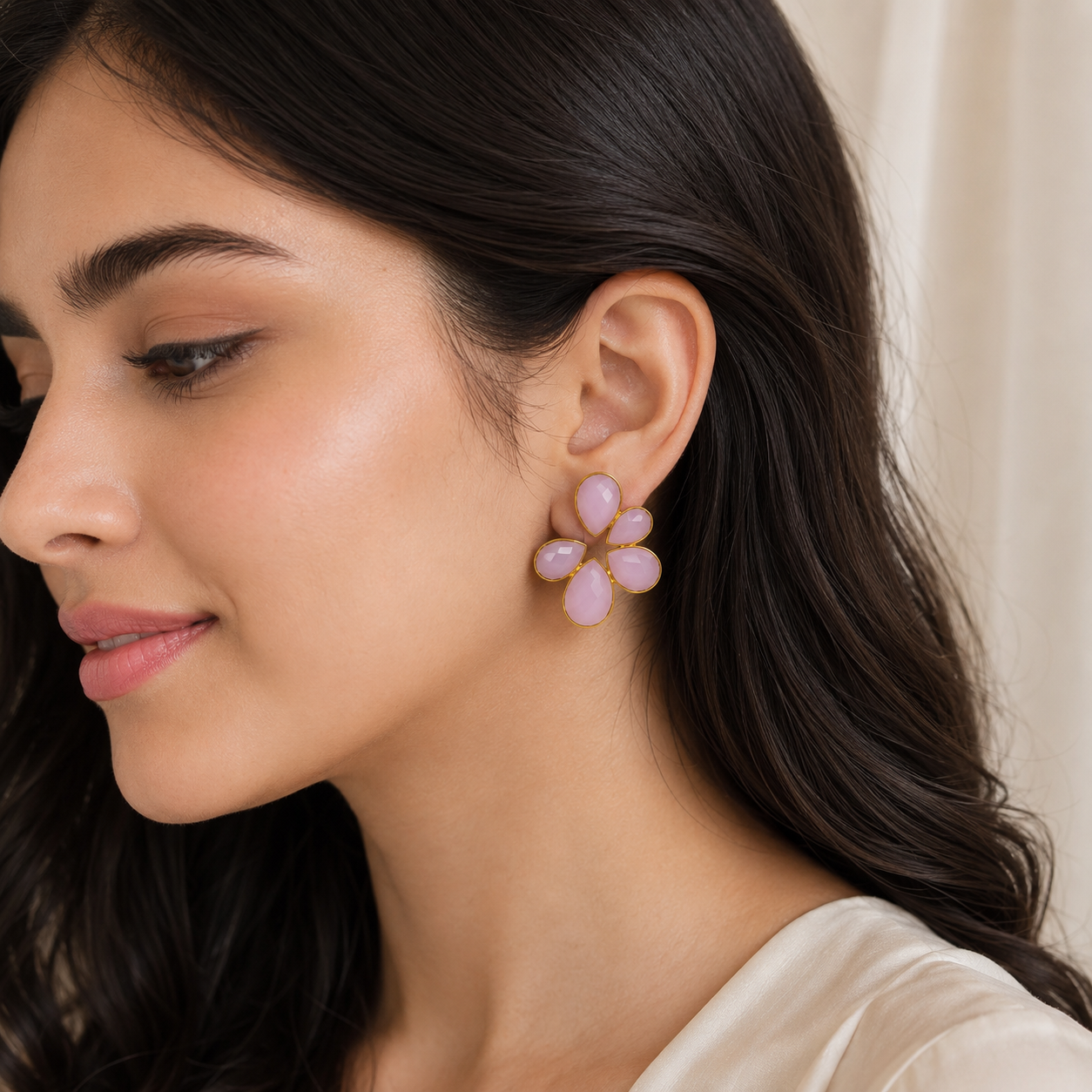 Rose Quartz Petal Arc Studs – Gold Plated Light Pink Calsi Stone Statement Earrings