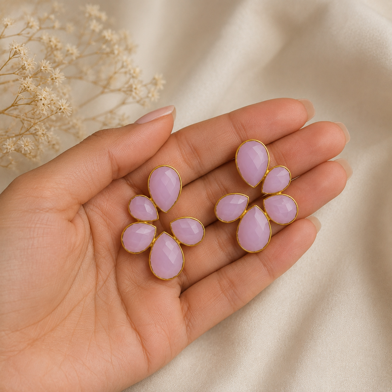 Rose Quartz Petal Arc Studs – Gold Plated Light Pink Calsi Stone Statement Earrings