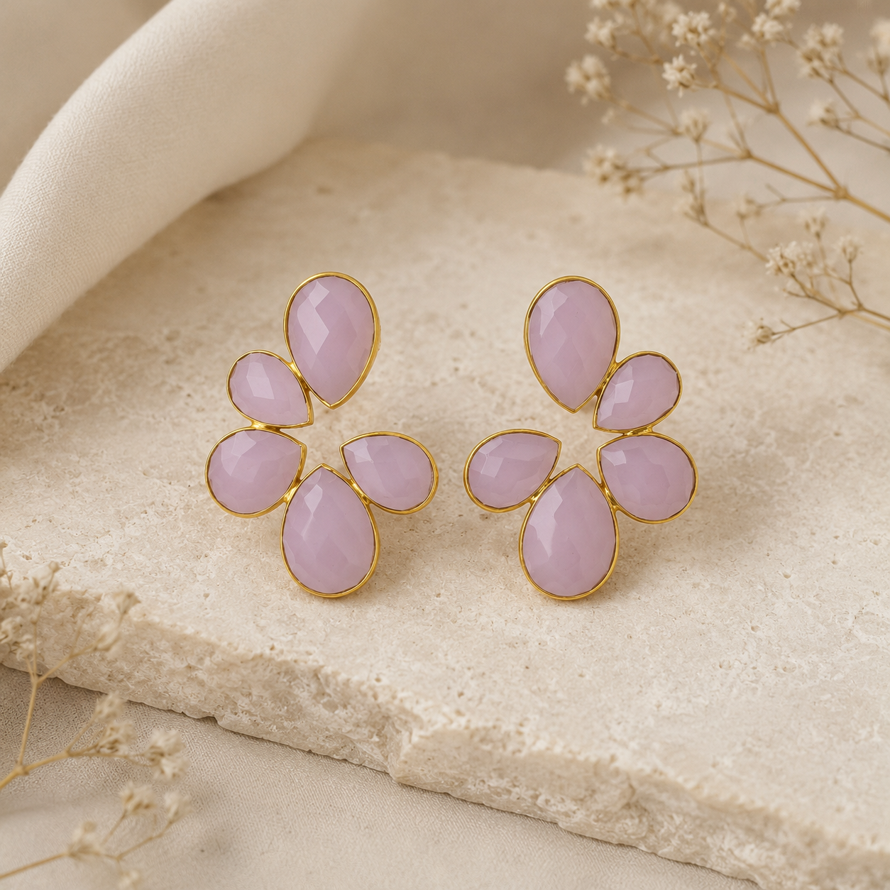 Rose Quartz Petal Arc Studs – Gold Plated Light Pink Calsi Stone Statement Earrings