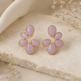 Rose Quartz Petal Arc Studs – Gold Plated Light Pink Calsi Stone Statement Earrings