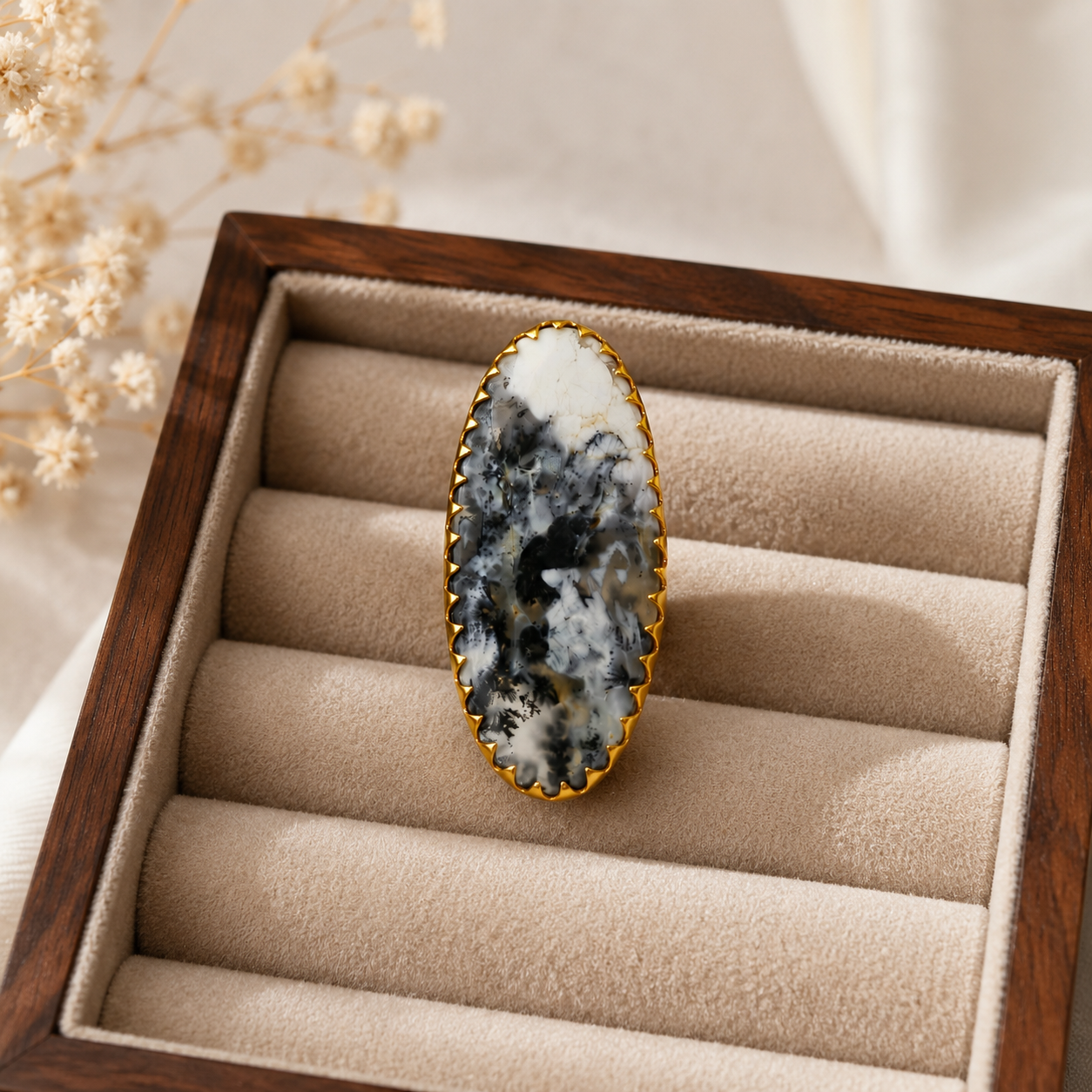Monochrome Wilderness Oval Ring –  Gold Plated Dendritic Opal Statement Cocktail Ring