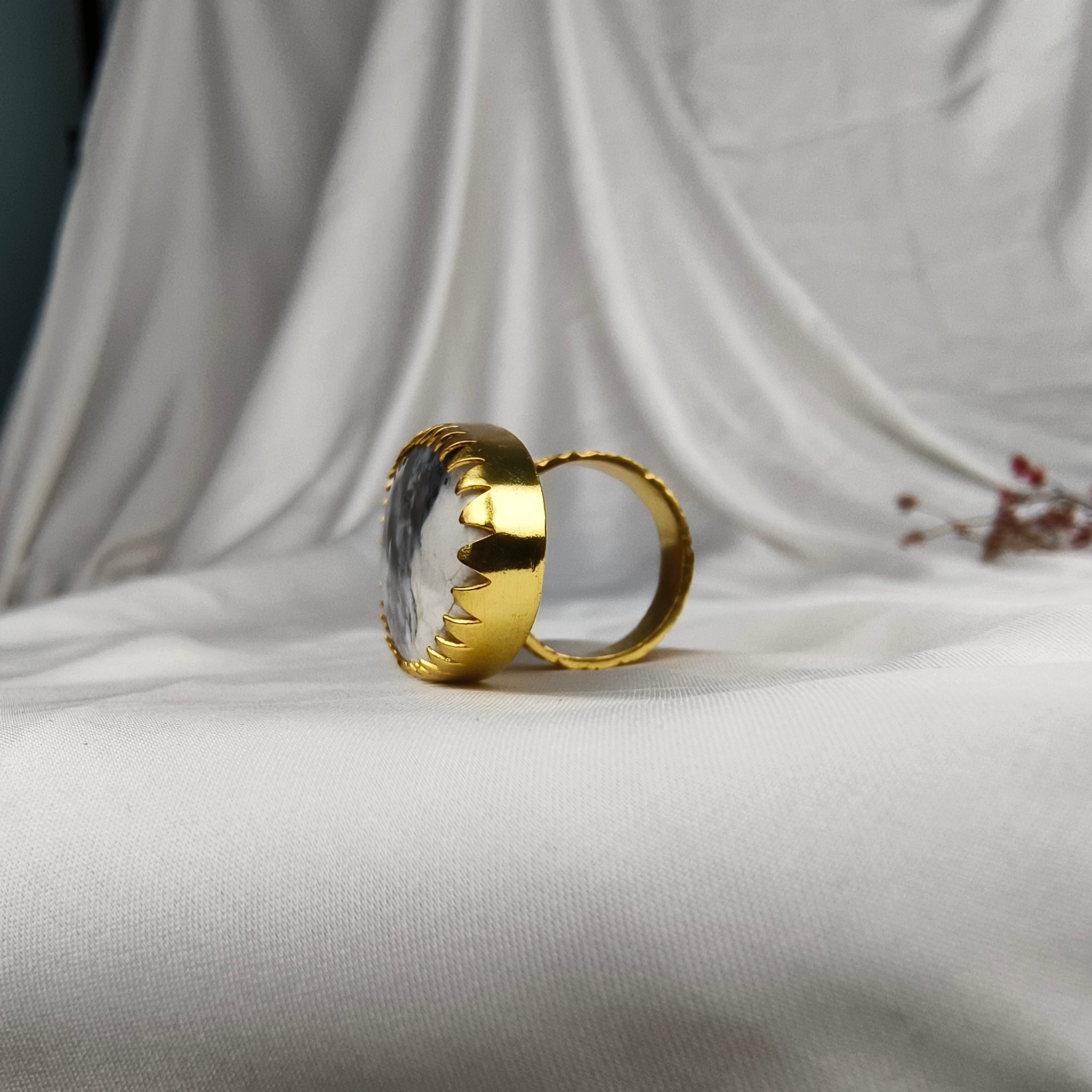 Monochrome Wilderness Oval Ring –  Gold Plated Dendritic Opal Statement Cocktail Ring