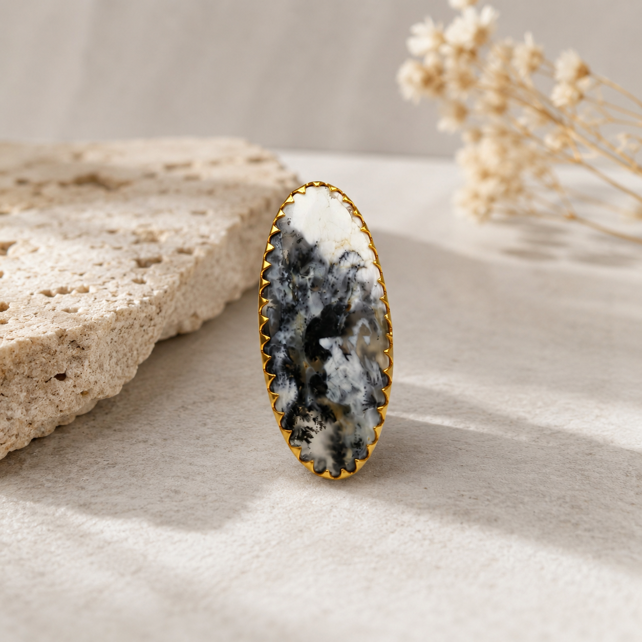 Monochrome Wilderness Oval Ring –  Gold Plated Dendritic Opal Statement Cocktail Ring