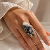 Monochrome Wilderness Oval Ring –  Gold Plated Dendritic Opal Statement Cocktail Ring