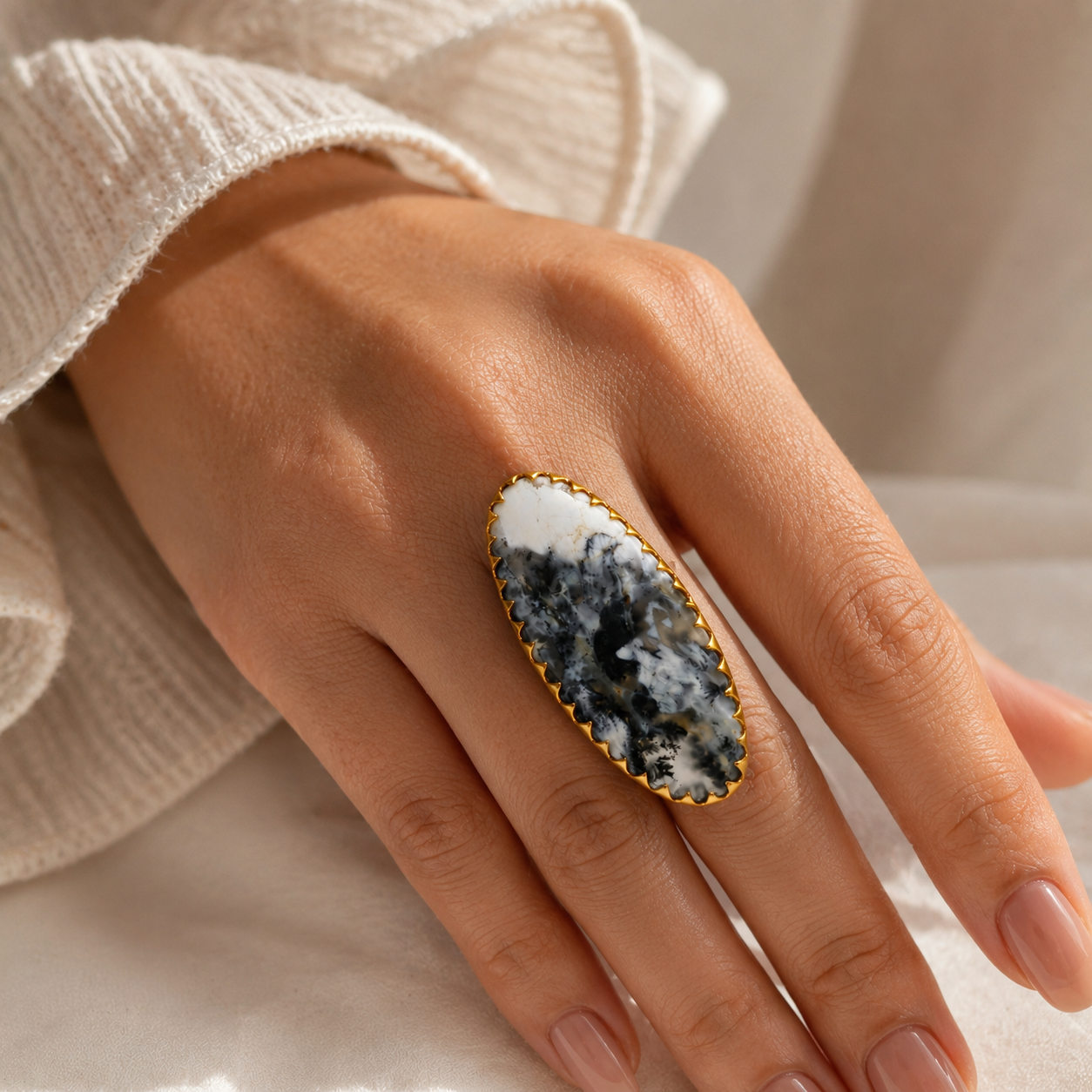 Monochrome Wilderness Oval Ring –  Gold Plated Dendritic Opal Statement Cocktail Ring