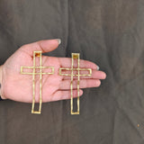 Gilded Fern Statement Studs – Architectural Open-Frame Cross Drop Earrings