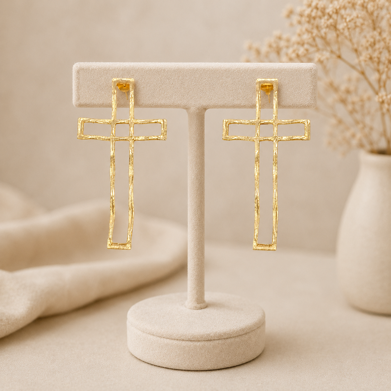 Gilded Fern Statement Studs – Architectural Open-Frame Cross Drop Earrings