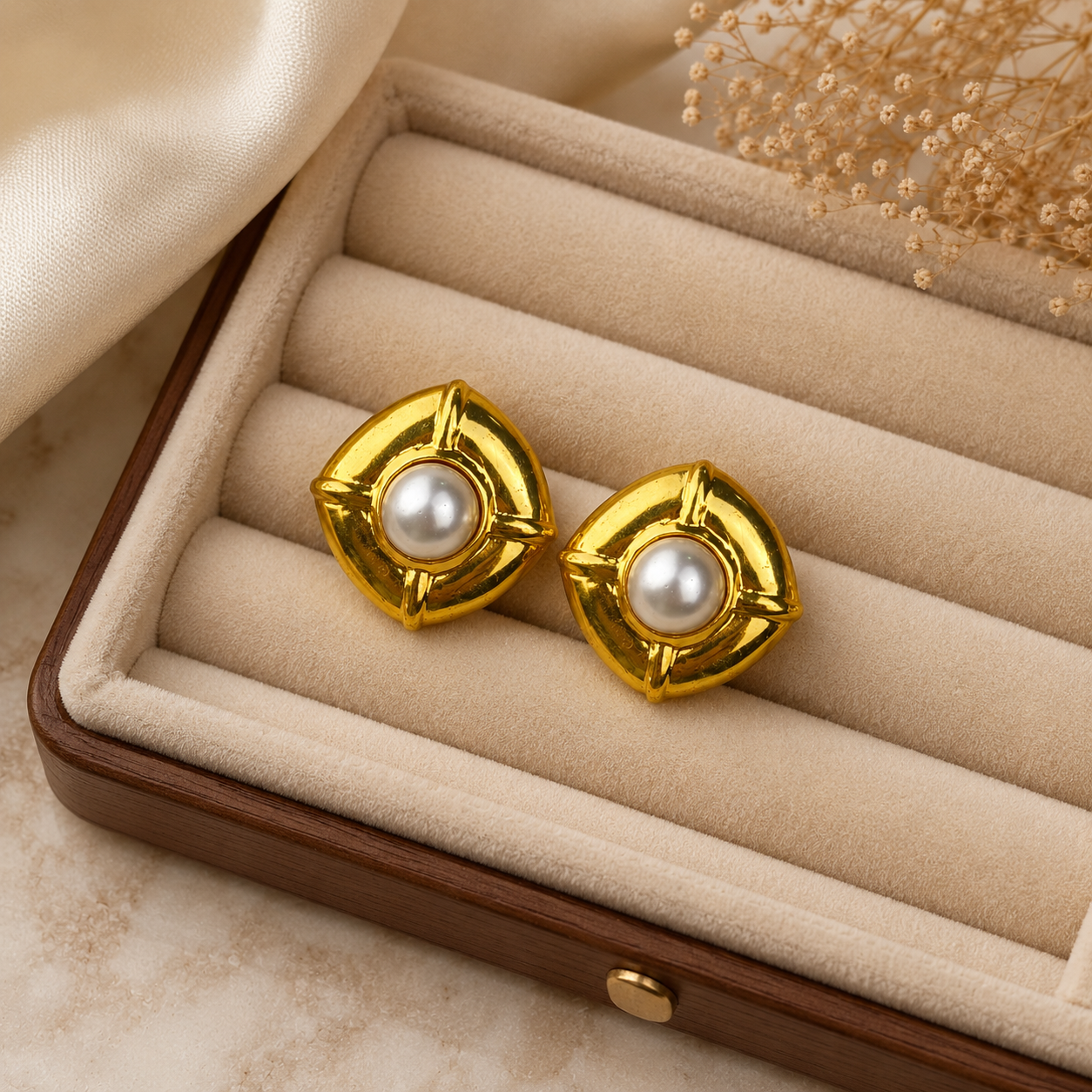 Renaissance Mabe Pearl Shield Studs –  Gold Plated Architectural Button Earrings