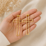 Gilded Fern Statement Studs – Architectural Open-Frame Cross Drop Earrings