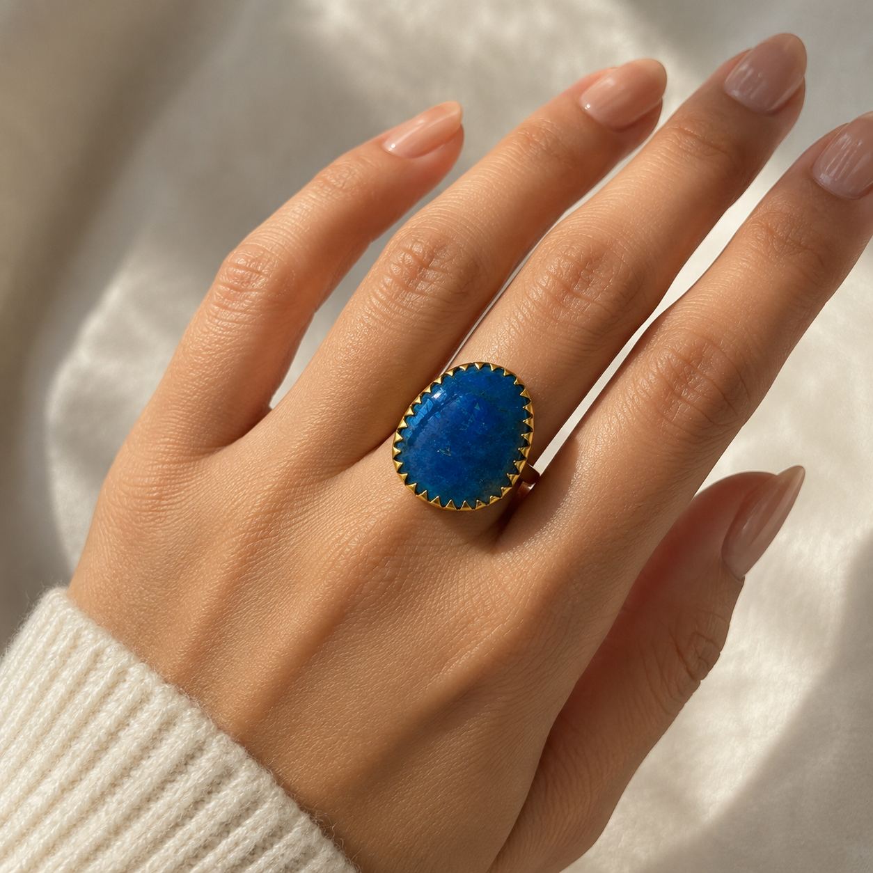 Deep Sea Quartzite Crown Ring – Gold Plated Blue Statement Cocktail Ring