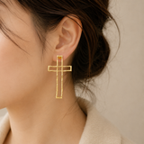 Gilded Fern Statement Studs – Architectural Open-Frame Cross Drop Earrings