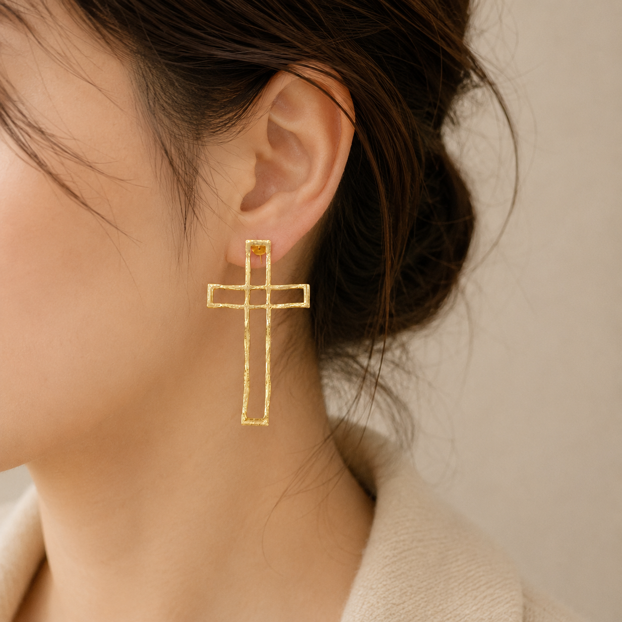 Gilded Fern Statement Studs – Architectural Open-Frame Cross Drop Earrings