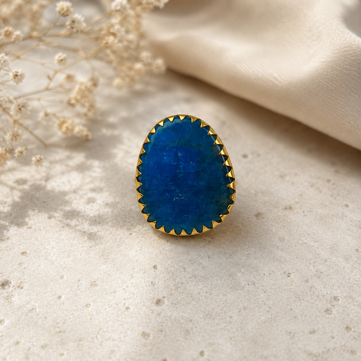 Deep Sea Quartzite Crown Ring – Gold Plated Blue Statement Cocktail Ring