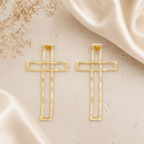 Gilded Fern Statement Studs – Architectural Open-Frame Cross Drop Earrings