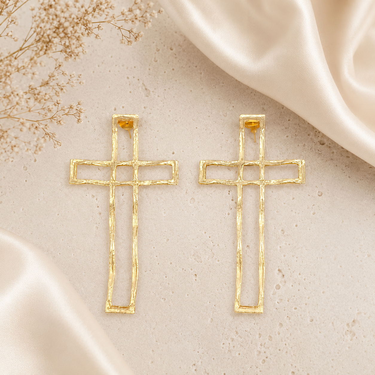 Gilded Fern Statement Studs – Architectural Open-Frame Cross Drop Earrings