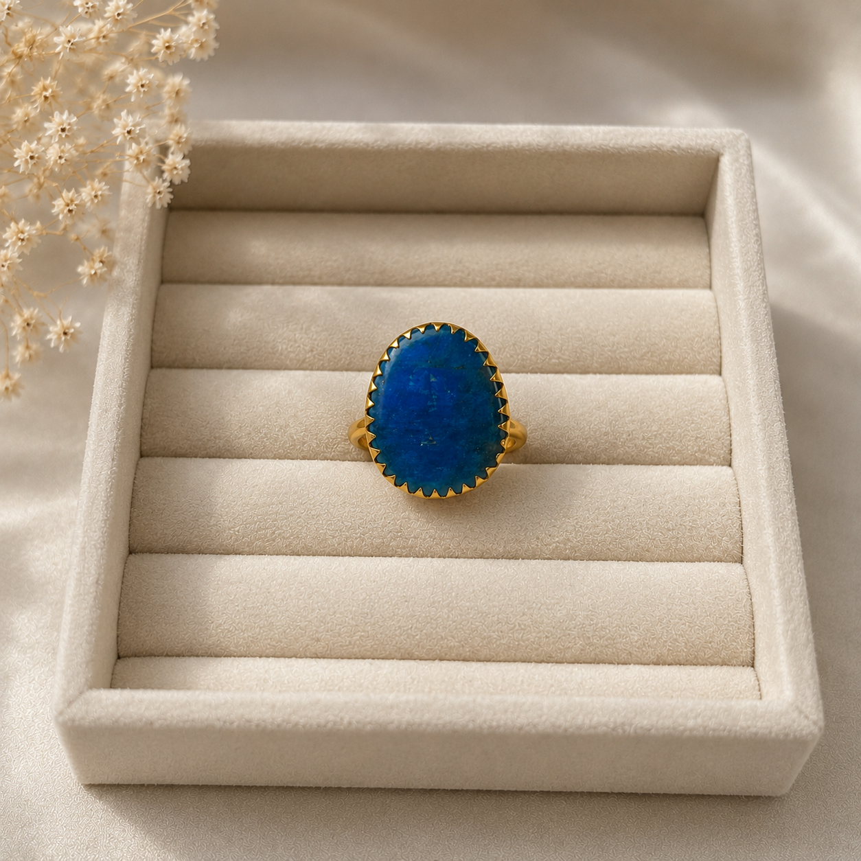 Deep Sea Quartzite Crown Ring – Gold Plated Blue Statement Cocktail Ring